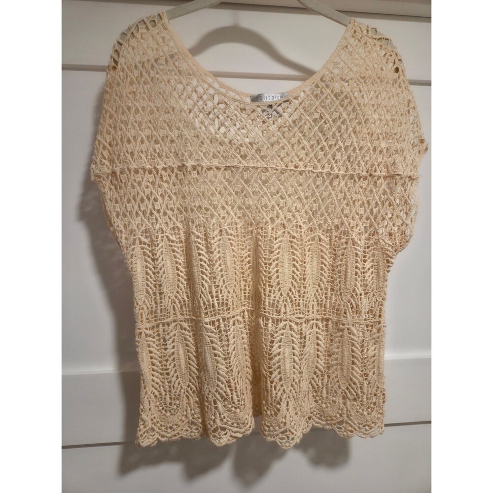 Solitaire Cream Boho Crochet Lace Knit Top Sheer Festival Medium Large